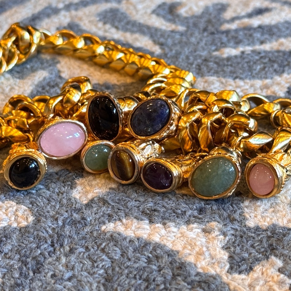 JUDITH LEIBER Chess Semi Precious Stones Dangling Charm Gold Link Belt